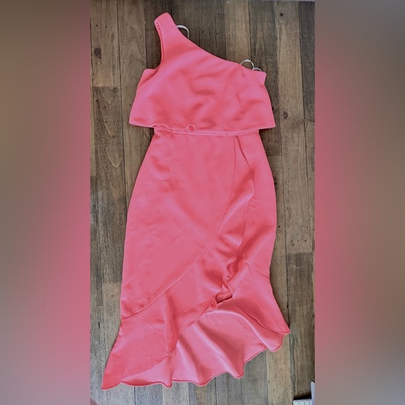 AQUA NWT Womens Coral Crepe Flounce Cocktail One-Shoulder Midi Dress Stretch - Picture 4 of 16